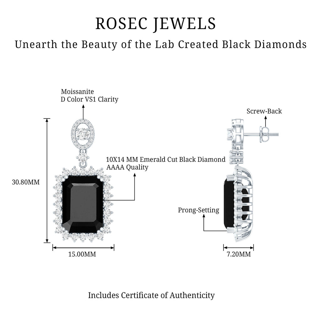 18 Carat Emerald Cut Lab Grown Black Diamond Statement Earrings in Silver