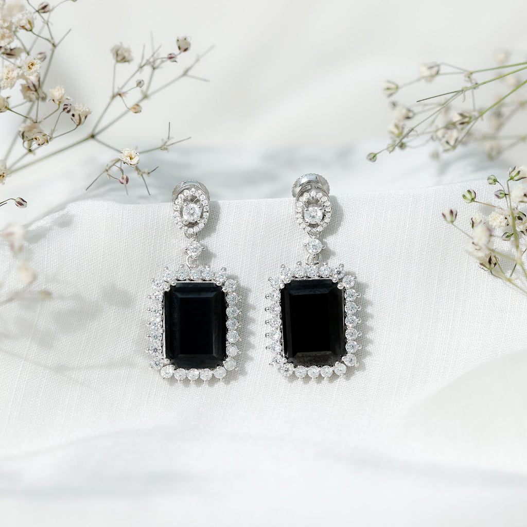 18 Carat Emerald Cut Lab Grown Black Diamond Statement Earrings in Silver