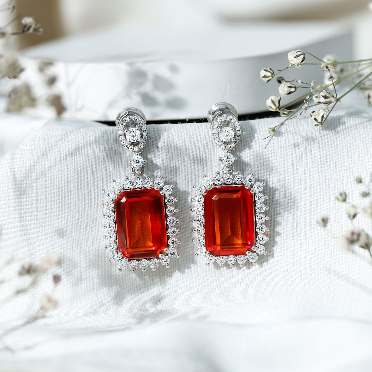 Certified 18 Carat Lab Grown Orange Sapphire Statement Earrings in Silver