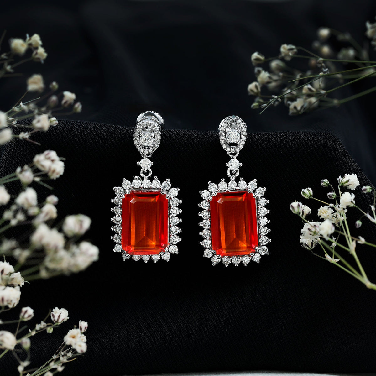Certified 18 Carat Lab Grown Orange Sapphire Statement Earrings in Silver