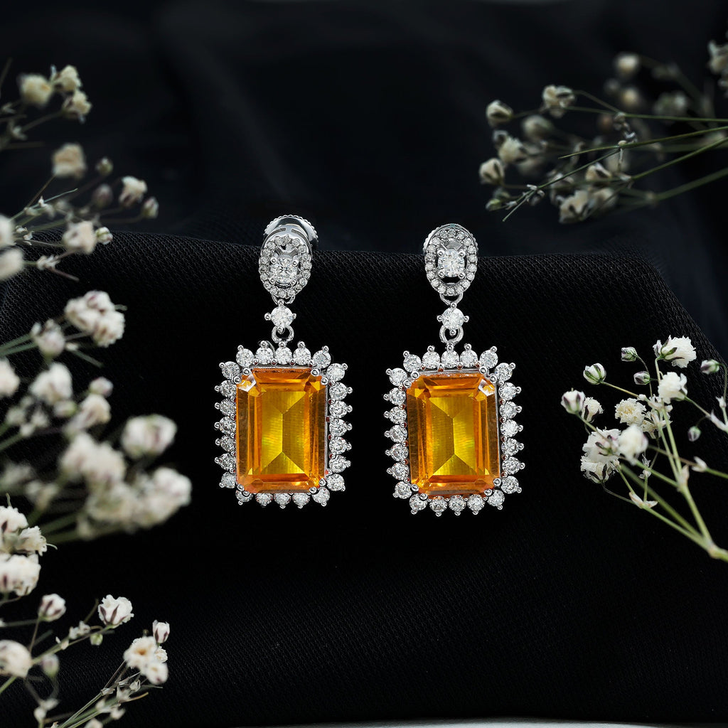 AAAA Quality 18 Carat Lab Grown Yellow Sapphire Emerald Cut Earrings in Silver