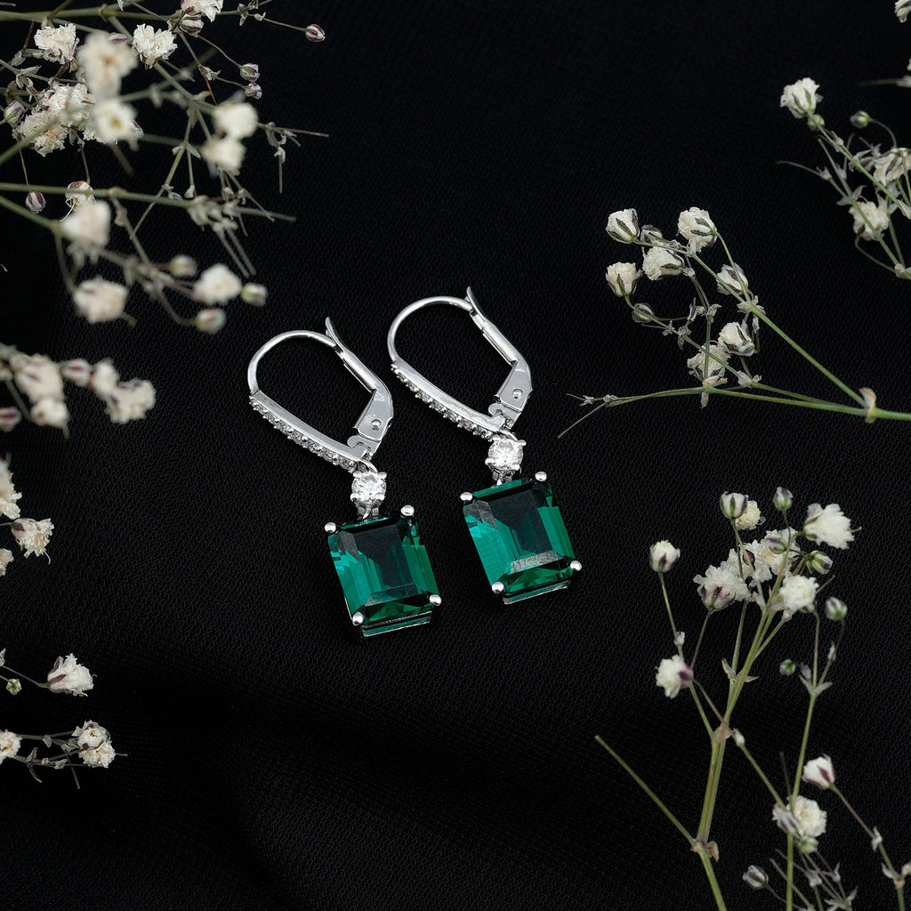 Sterling Silver 6.5 Carat Lab Grown Emerald Drop Earrings For Women