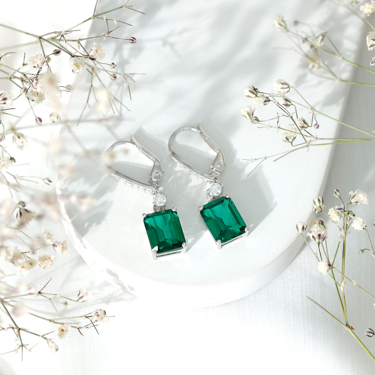 Sterling Silver 6.5 Carat Lab Grown Emerald Drop Earrings For Women