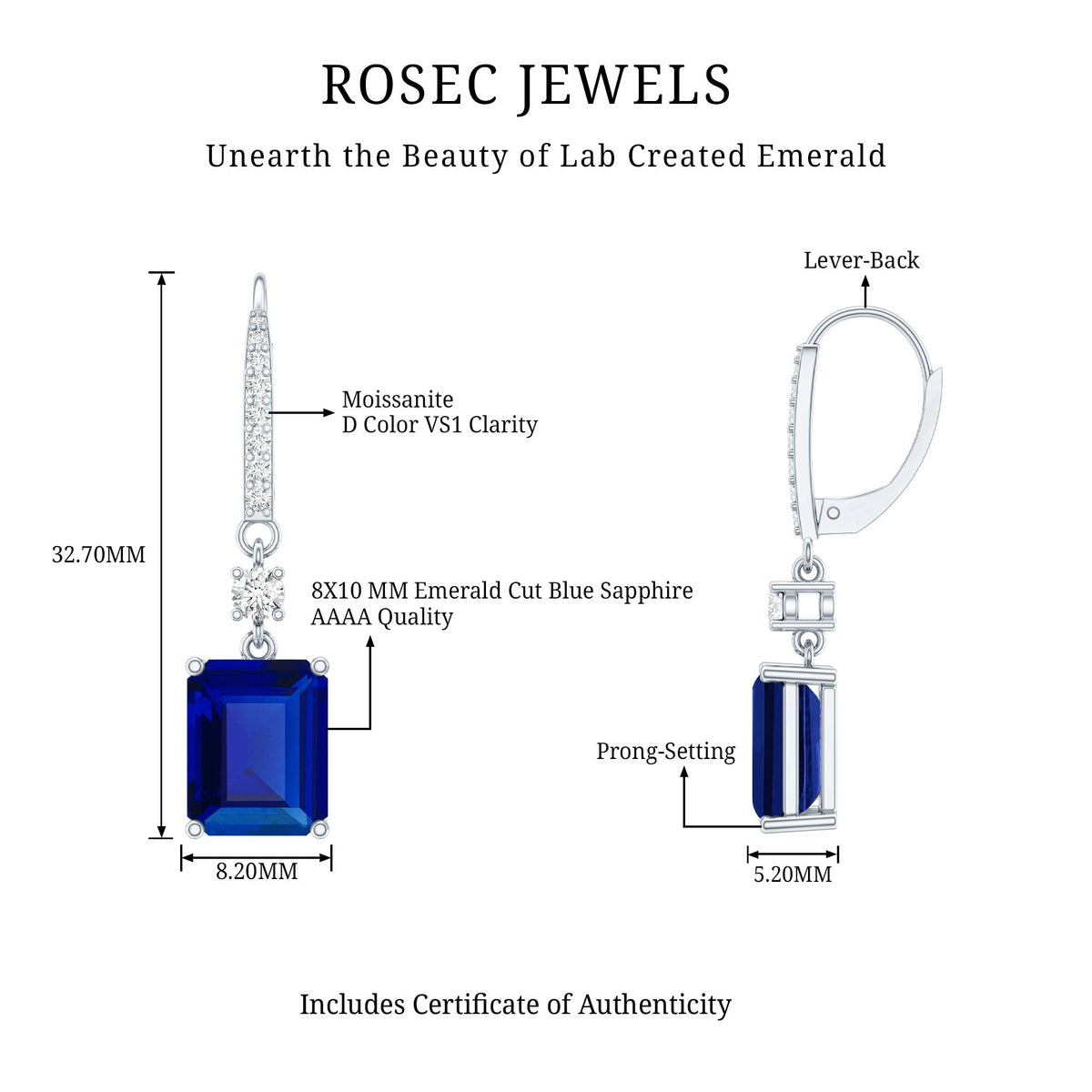 5.5 Carat Emerald Cut Lab Grown Blue Sapphire Drop Earrings in Silver
