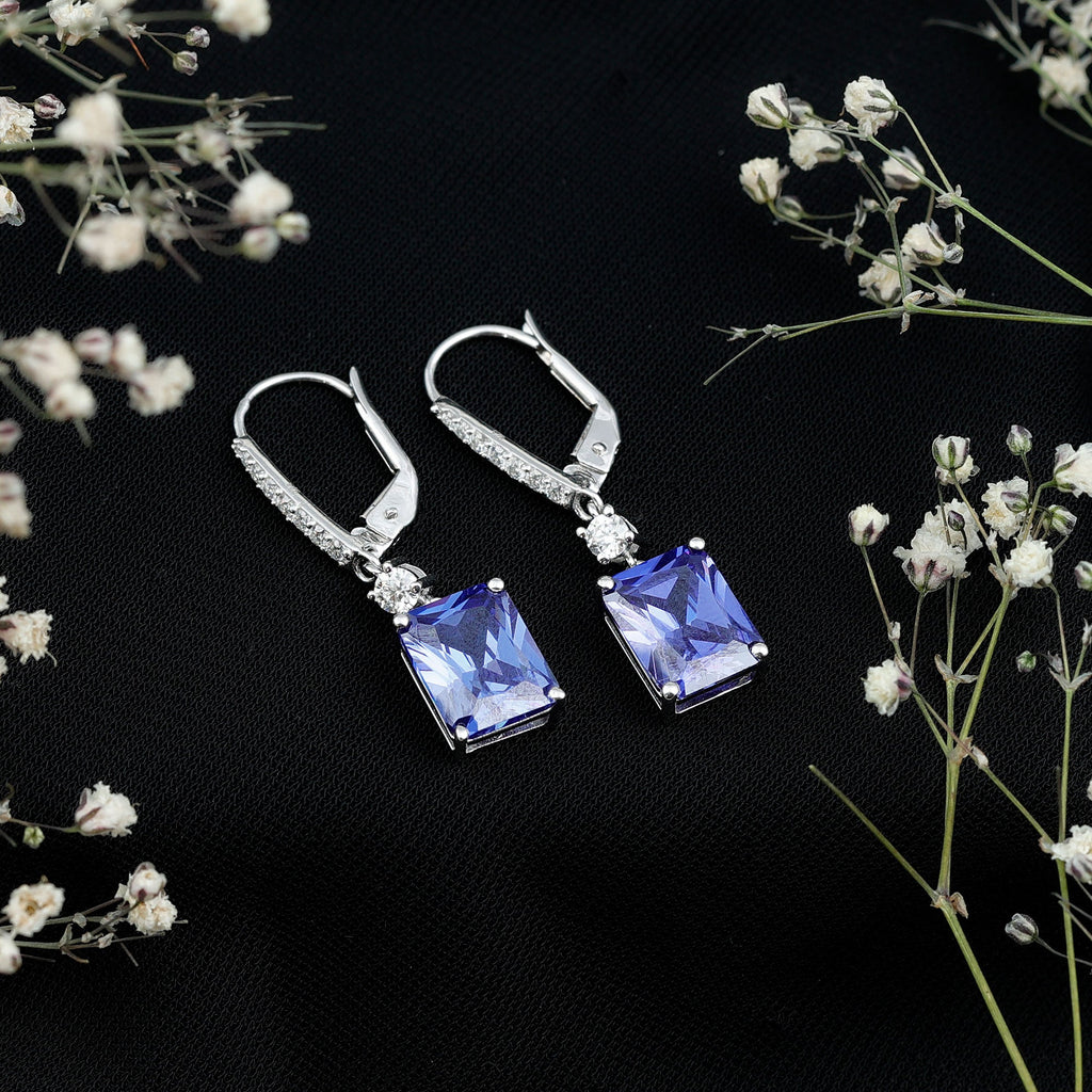 5.5 Carat Emerald Cut Lab Grown Blue Sapphire Drop Earrings in Silver
