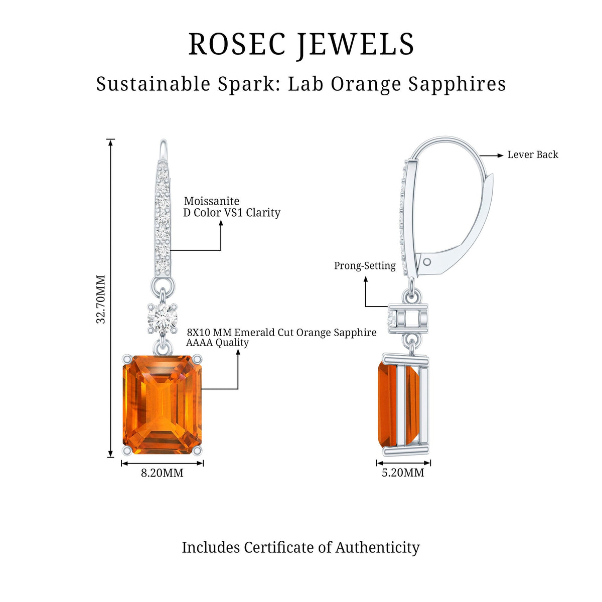 5.5 Carat Emerald Cut Lab Created Orange Sapphire Hoop Drop Earrings in Silver