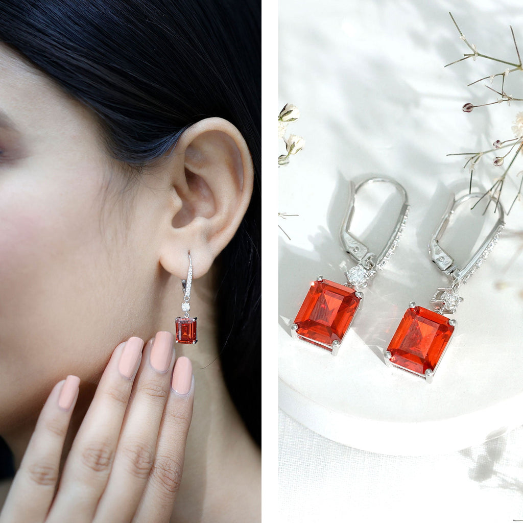 5.5 Carat Emerald Cut Lab Created Orange Sapphire Hoop Drop Earrings in Silver