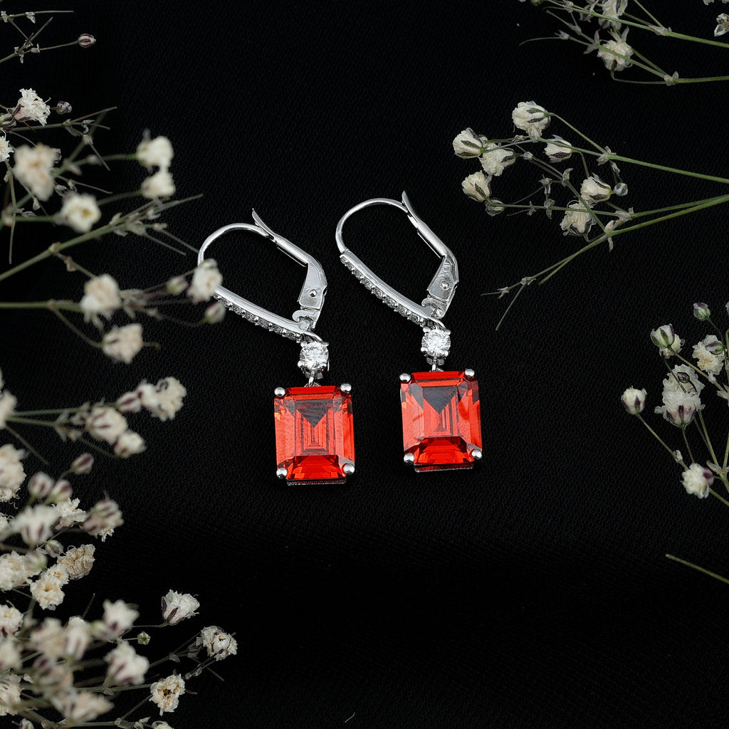 5.5 Carat Emerald Cut Lab Created Orange Sapphire Hoop Drop Earrings in Silver