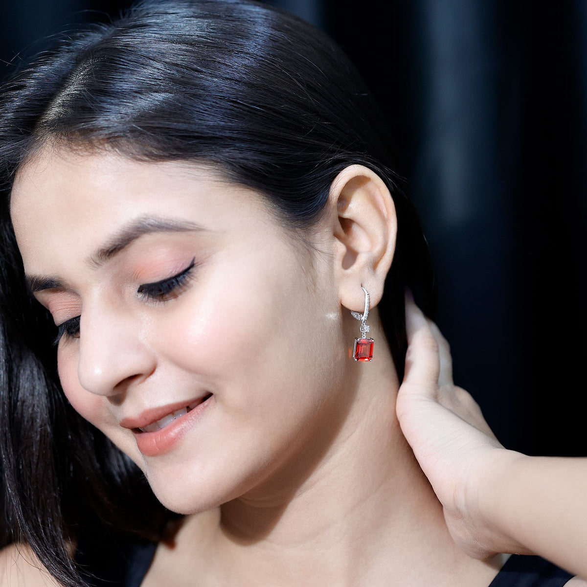 5.5 Carat Emerald Cut Lab Created Orange Sapphire Hoop Drop Earrings in Silver