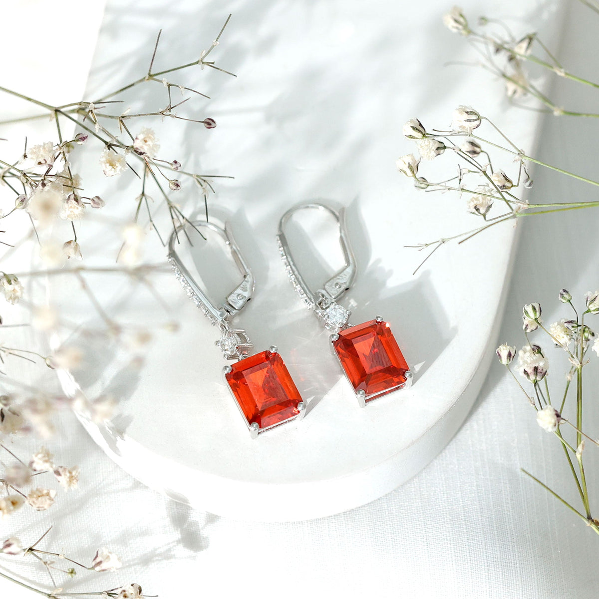 5.5 Carat Emerald Cut Lab Created Orange Sapphire Hoop Drop Earrings in Silver