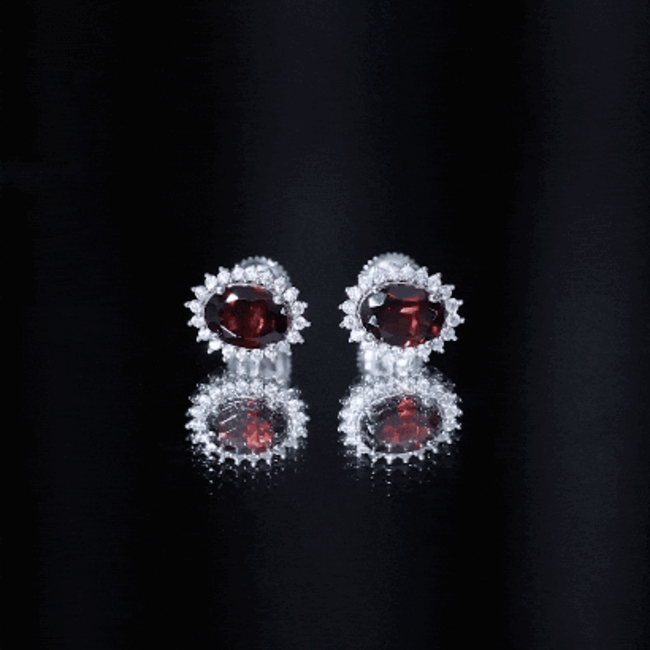 Sterling Silver 3 Carat Oval Garnet Stud Earrings with Moissanite