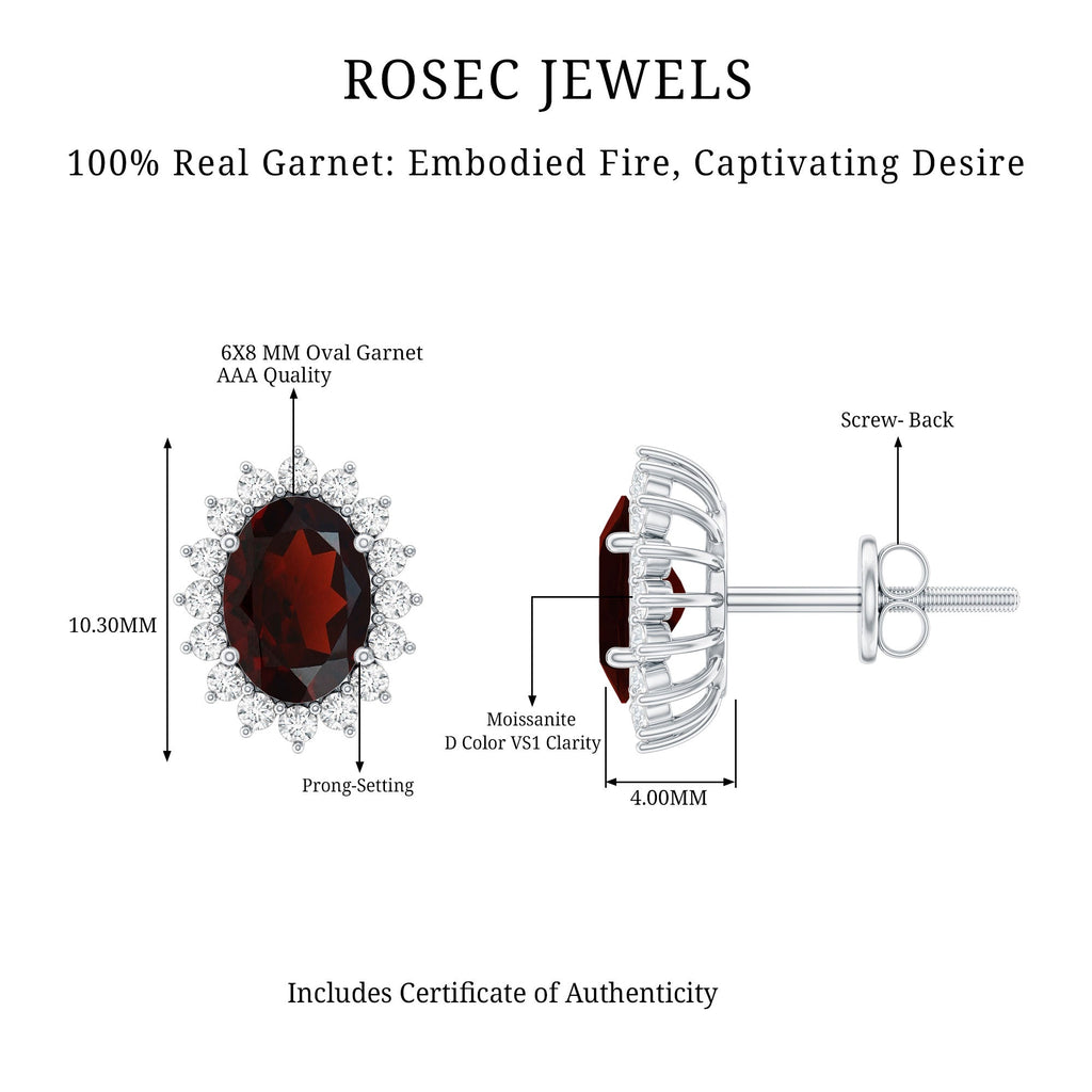 Sterling Silver 3 Carat Oval Garnet Stud Earrings with Moissanite