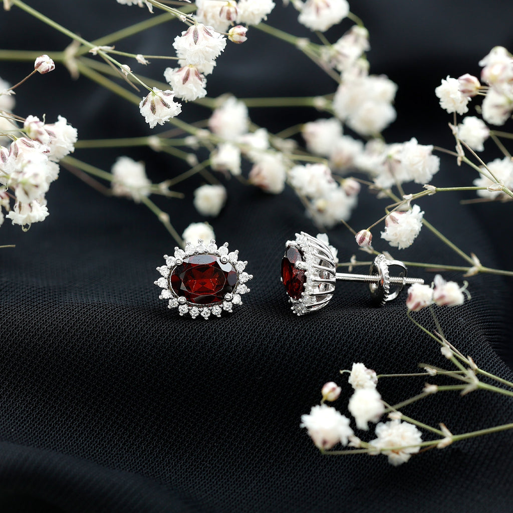 Sterling Silver 3 Carat Oval Garnet Stud Earrings with Moissanite