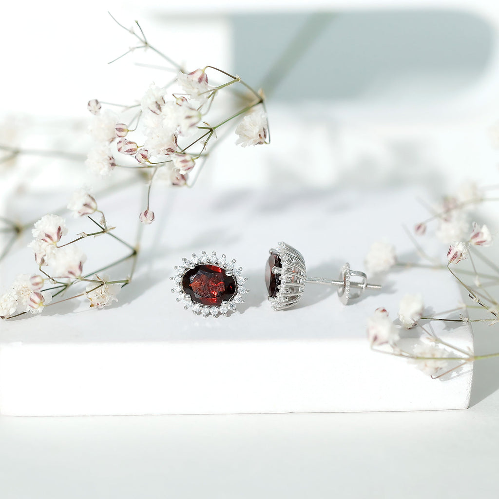 Sterling Silver 3 Carat Oval Garnet Stud Earrings with Moissanite