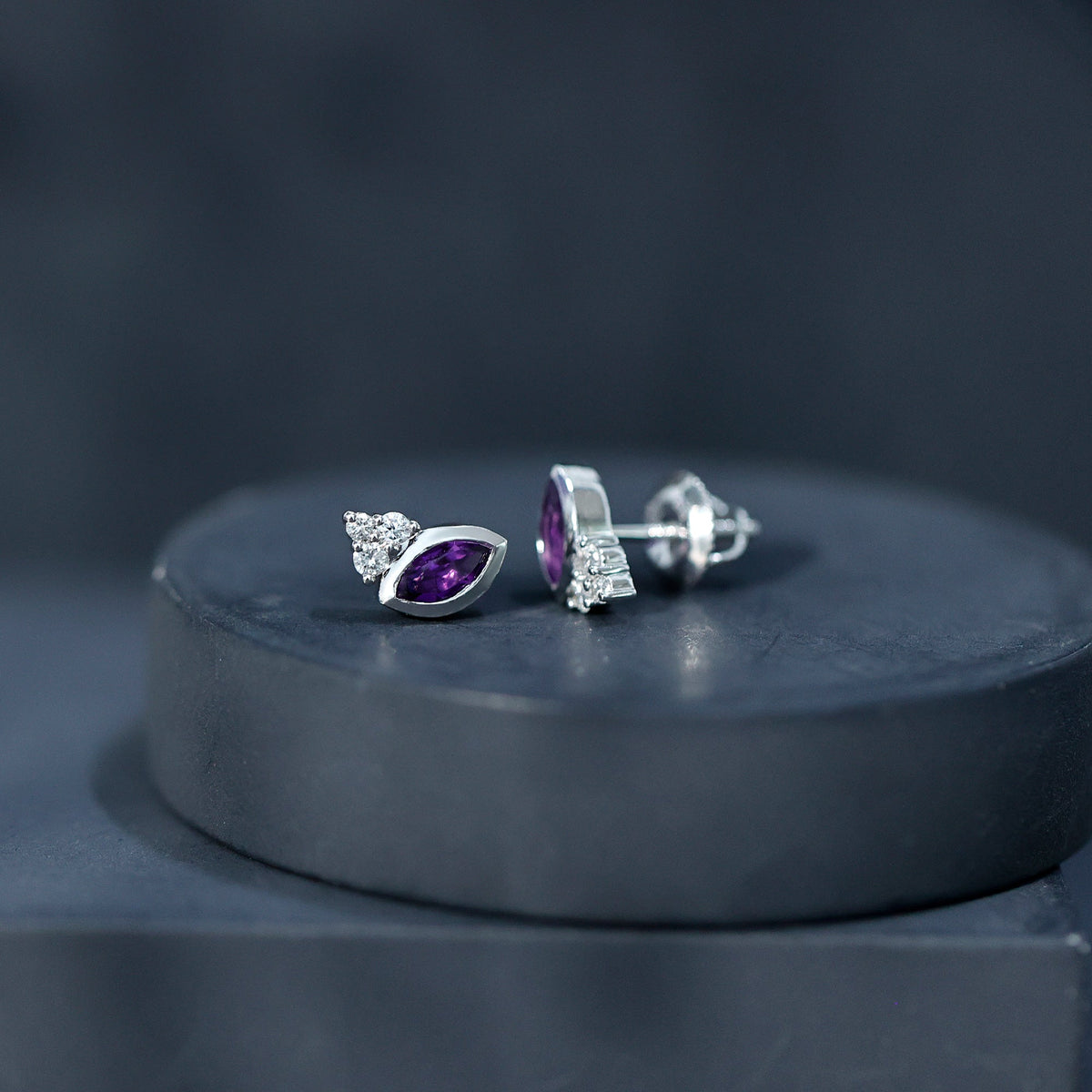 Marquise Cut Amethyst Stud Earrings with Diamond in Sterling Silver