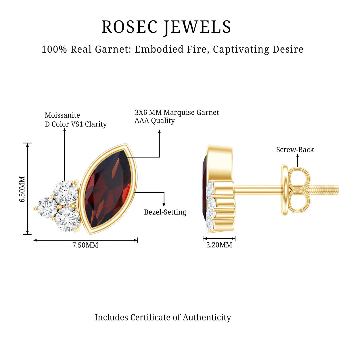 Natural Marquise Cut Garnet Stud Earrings with Certificate