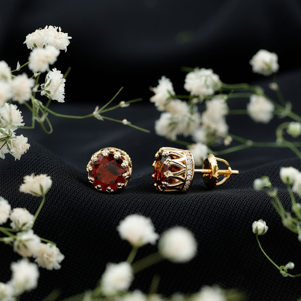 Natural 3.4 Carat Garnet Crown Earrings in Yellow Gold Plated Silver