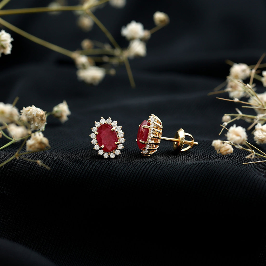 Natural 2 Carat Ruby Stud Earrings With Diamond Halo