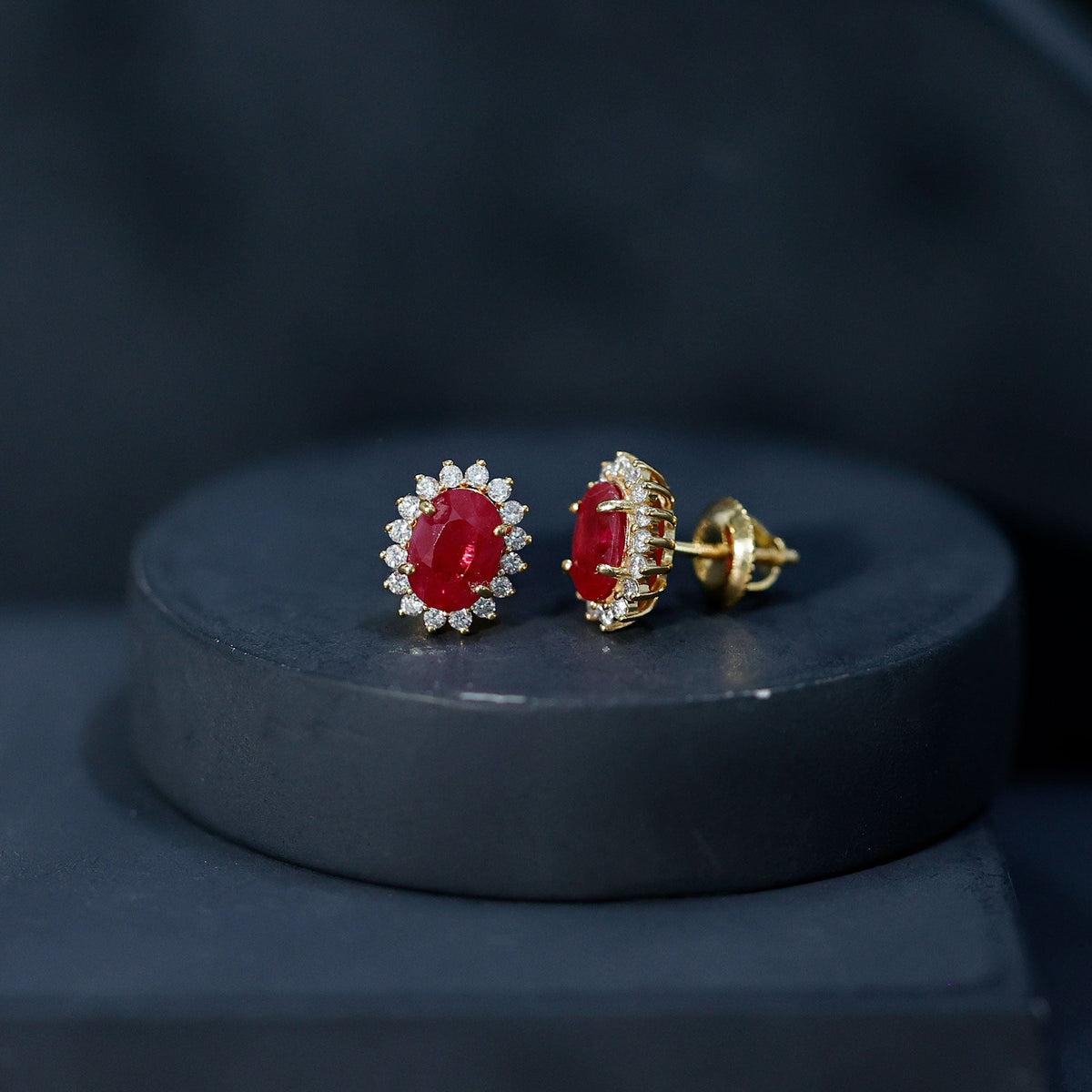 Natural 2 Carat Ruby Stud Earrings With Diamond Halo