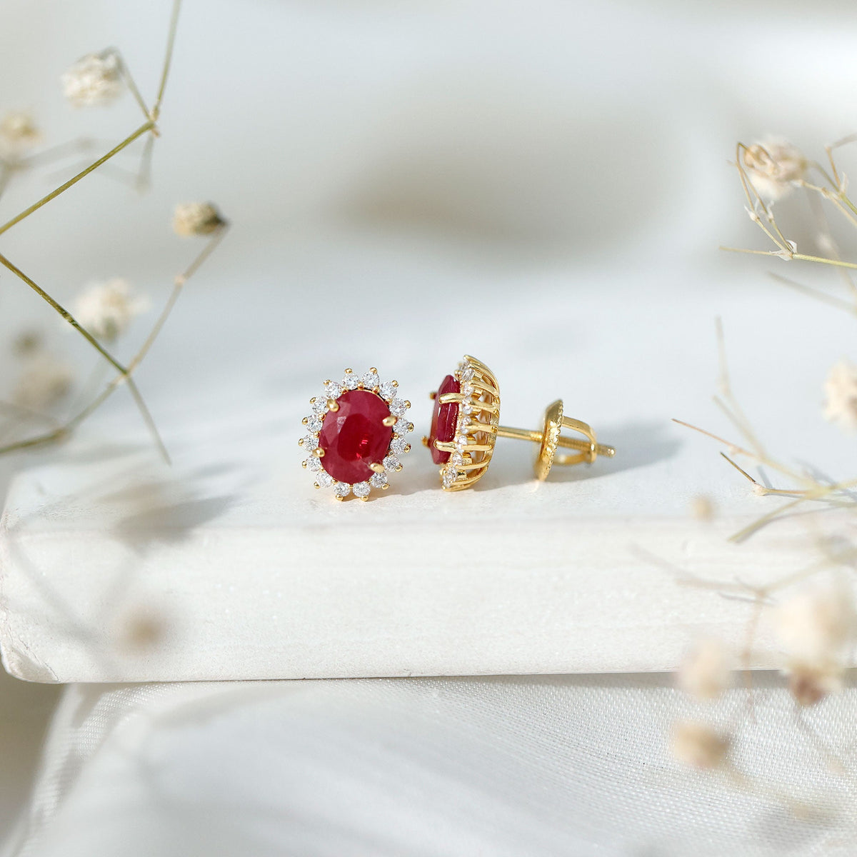 Natural 2 Carat Ruby Stud Earrings With Diamond Halo