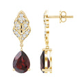 Genuine 3 Carat Garnet Teardrop Earrings with Diamond Leaf