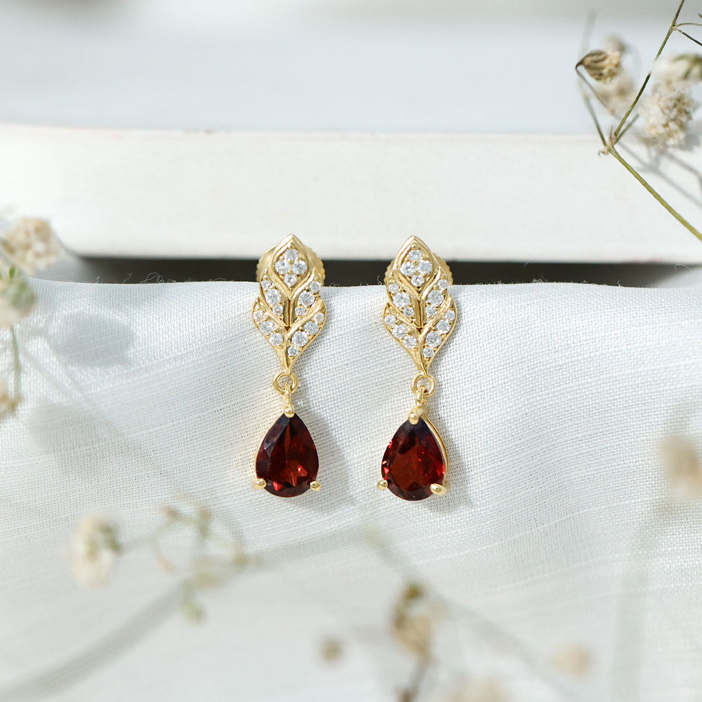 Genuine 3 Carat Garnet Teardrop Earrings with Diamond Leaf