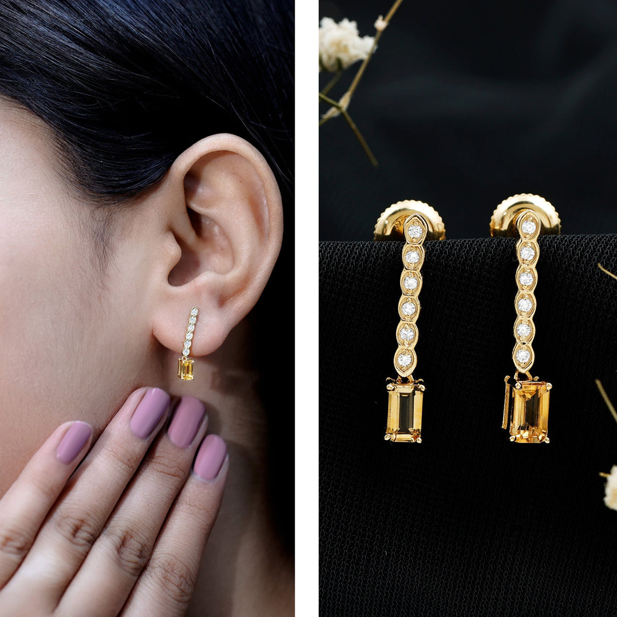 Emerald Cut Citrine and Diamond Bar Drop Earrings in Silver