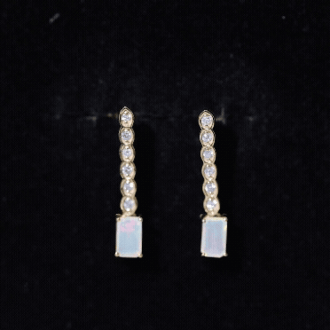 Emerald Cut Ethiopian Opal Drop Earrings with Lab Diamond