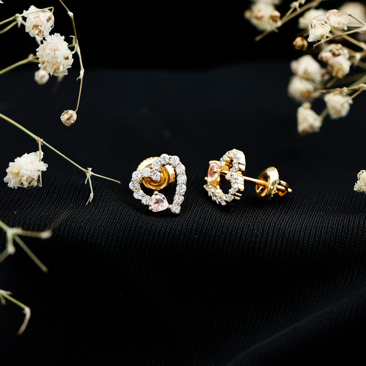 Certified Morganite and Diamond Heart Stud Earrings with Screwbacks