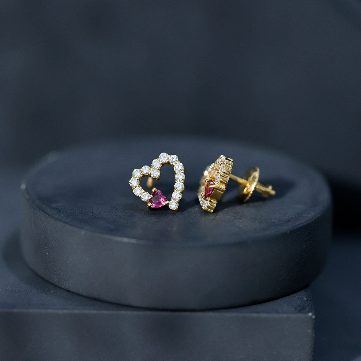 Sterling Silver Rhodolite Diamond Heart Stud Earrings