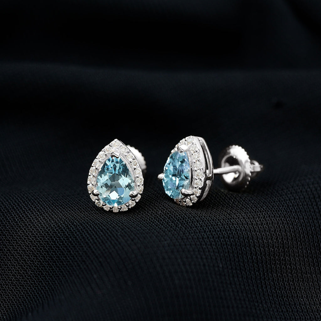 Real 0.89 Carat Aquamarine and Diamond Stud Earrings in Silver