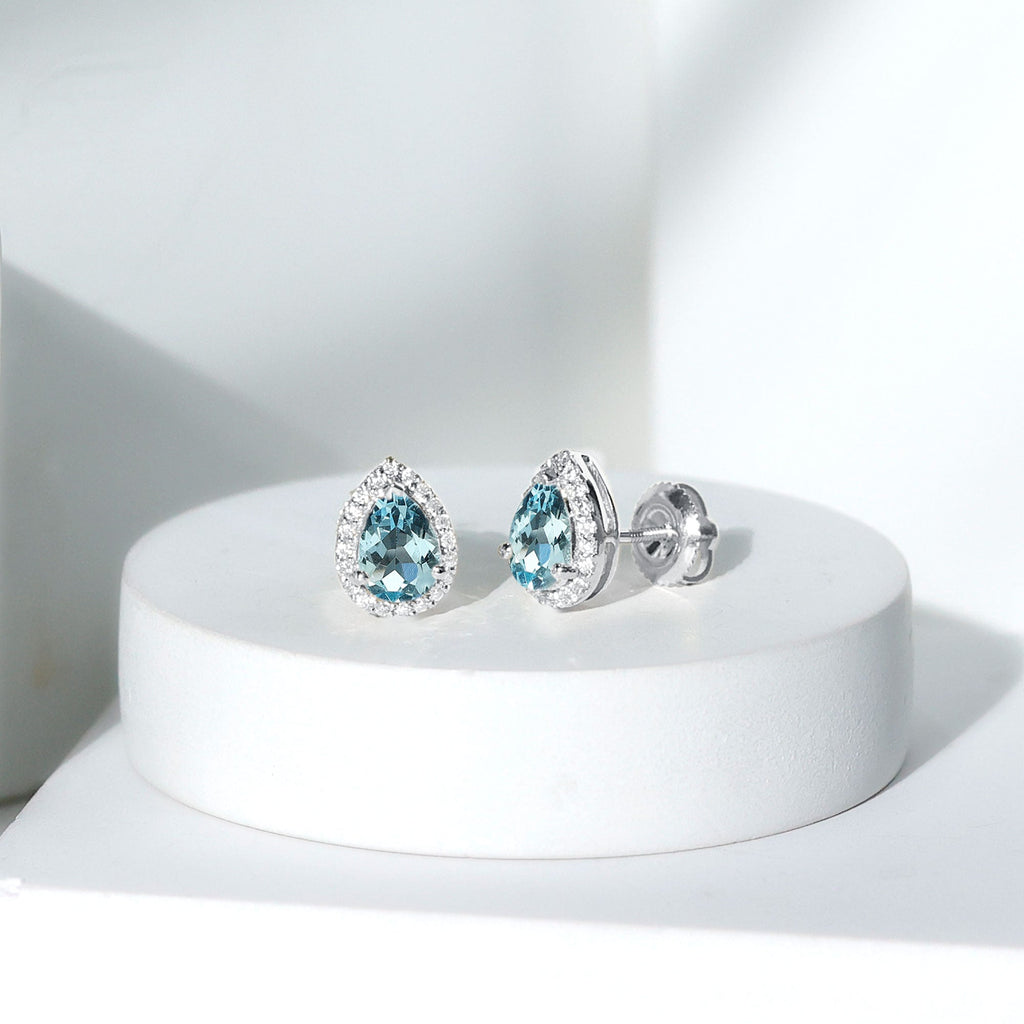 Real 0.89 Carat Aquamarine and Diamond Stud Earrings in Silver