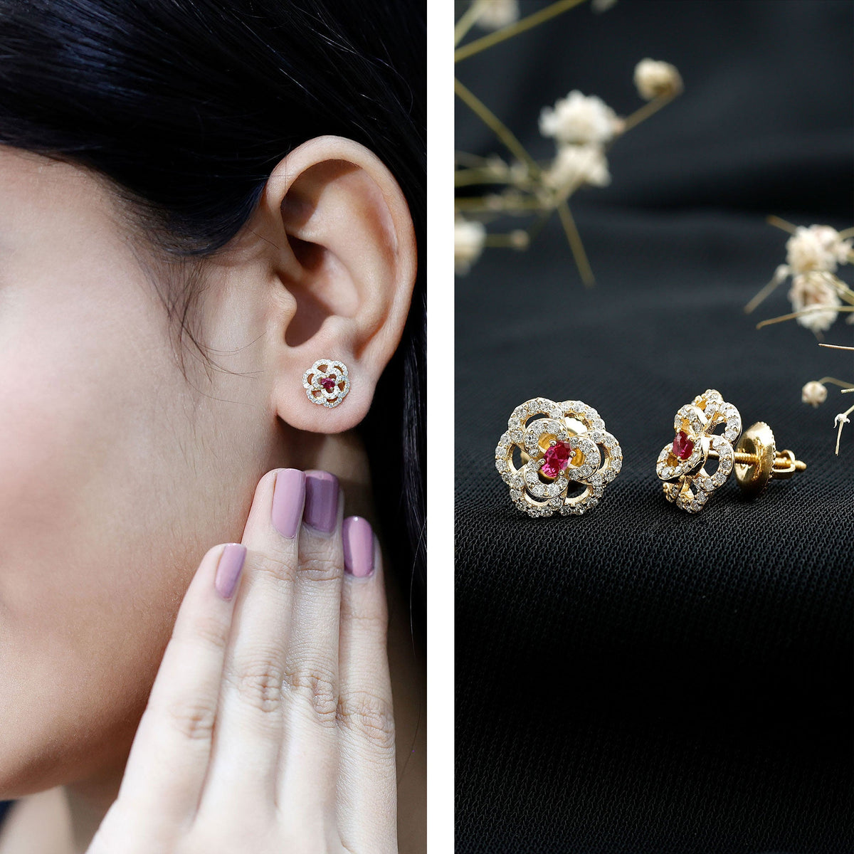 Certified Lab Grown Ruby Flower Stud Earrings with Diamond