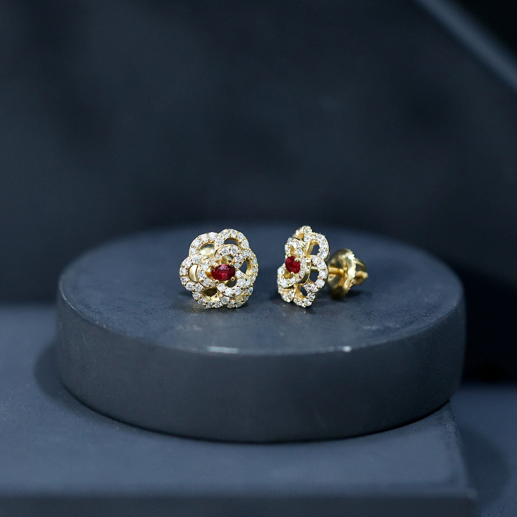 Certified Lab Grown Ruby Flower Stud Earrings with Diamond