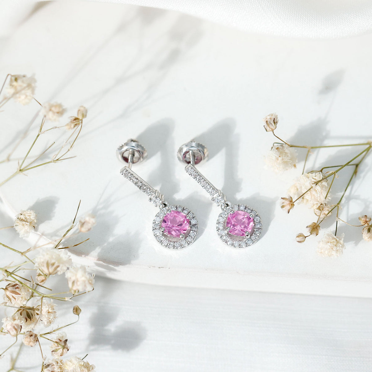 Lab Grown Pink Sapphire and Diamond Bridal Earrings in Silver