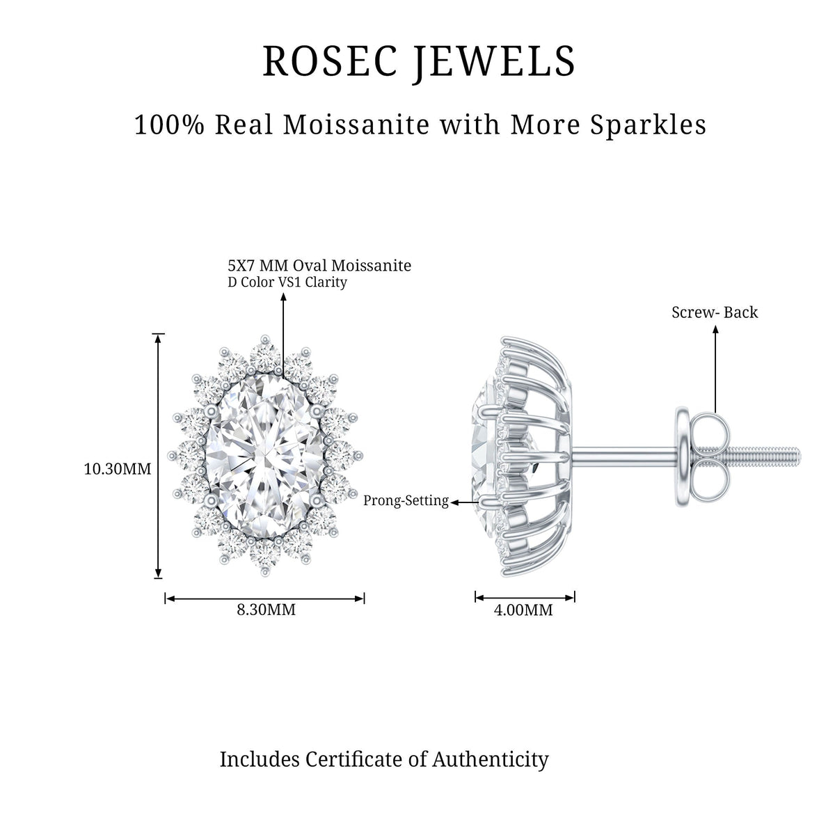 2 Carat Oval Moissanite Halo Stud Earrings In Sterling Silver