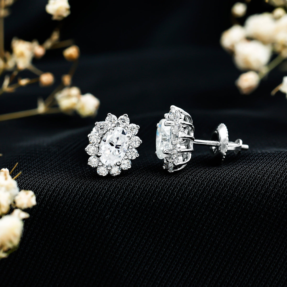 Certified Oval Shaped Moissanite Halo Stud Earrings in Silver