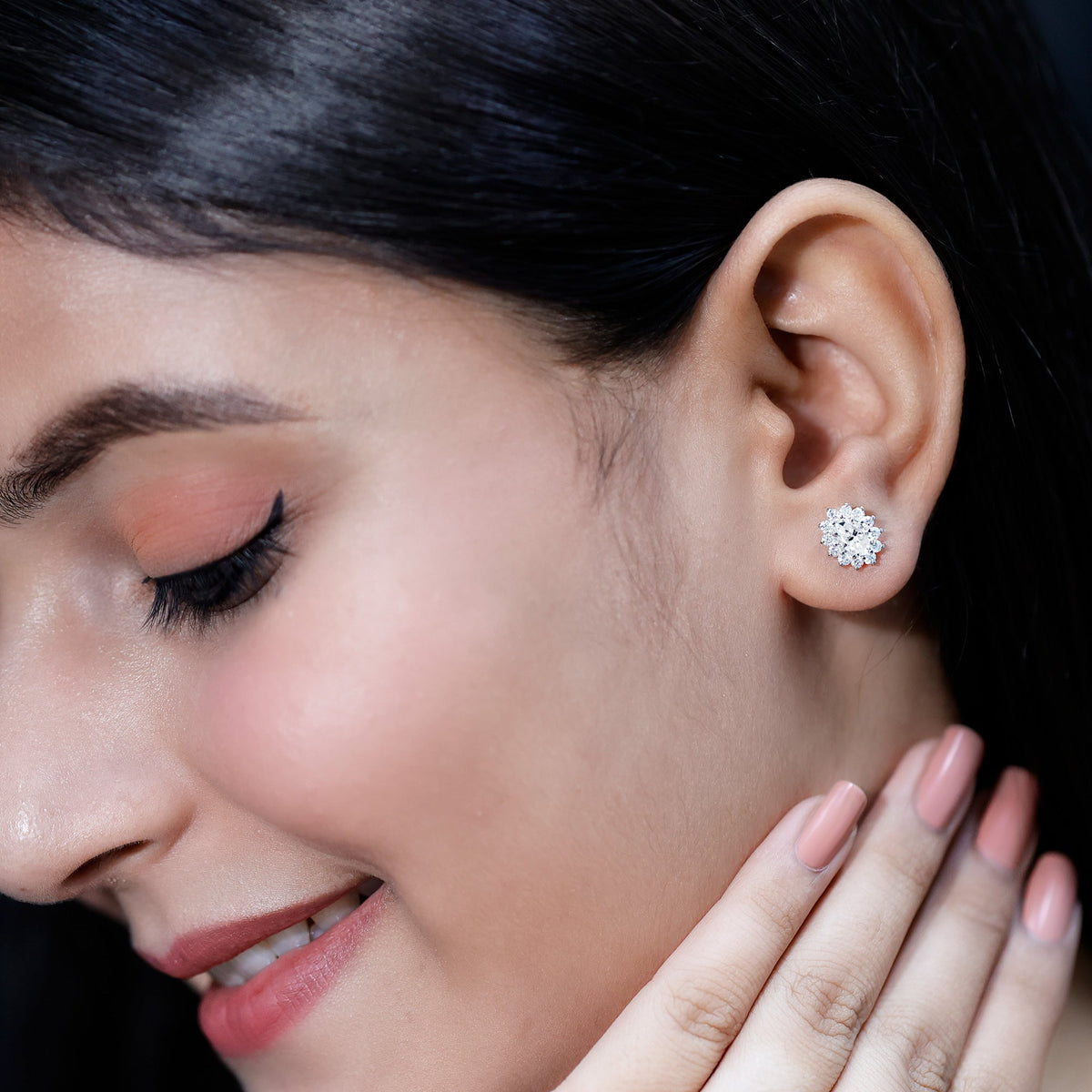 Certified Oval Shaped Moissanite Halo Stud Earrings in Silver