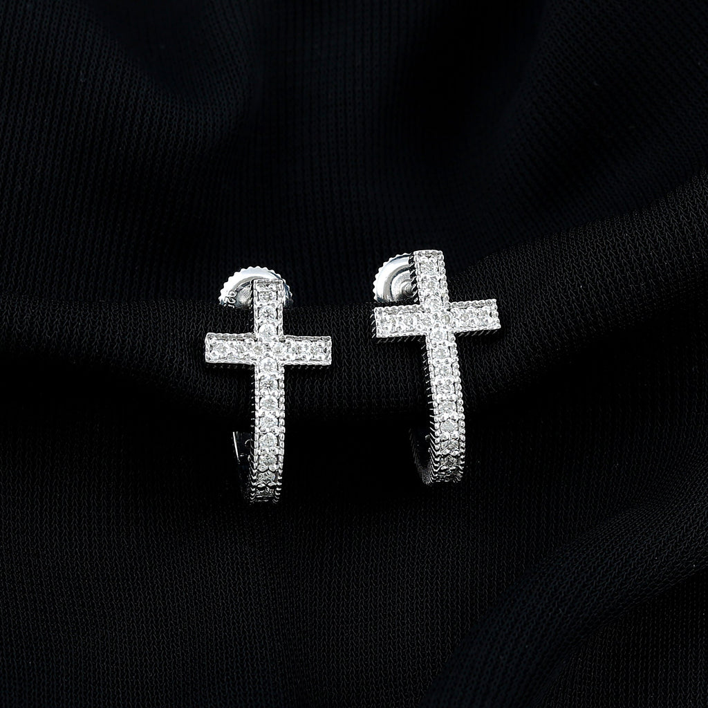 Certified Moissanite Cross J Hoop Earrings in Sterling Silver