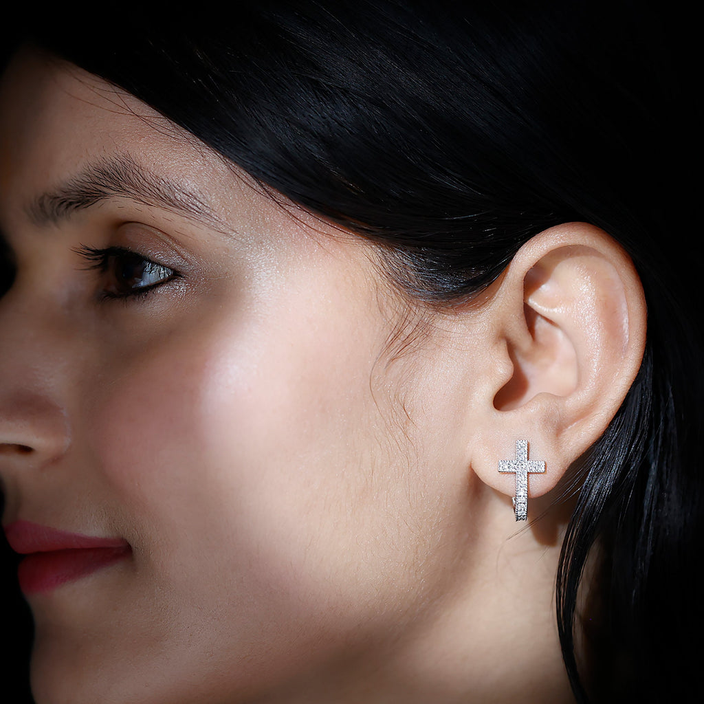 Certified Moissanite Cross J Hoop Earrings in Sterling Silver