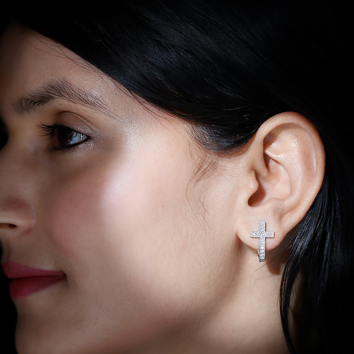 Certified Moissanite Cross J Hoop Earrings in Sterling Silver