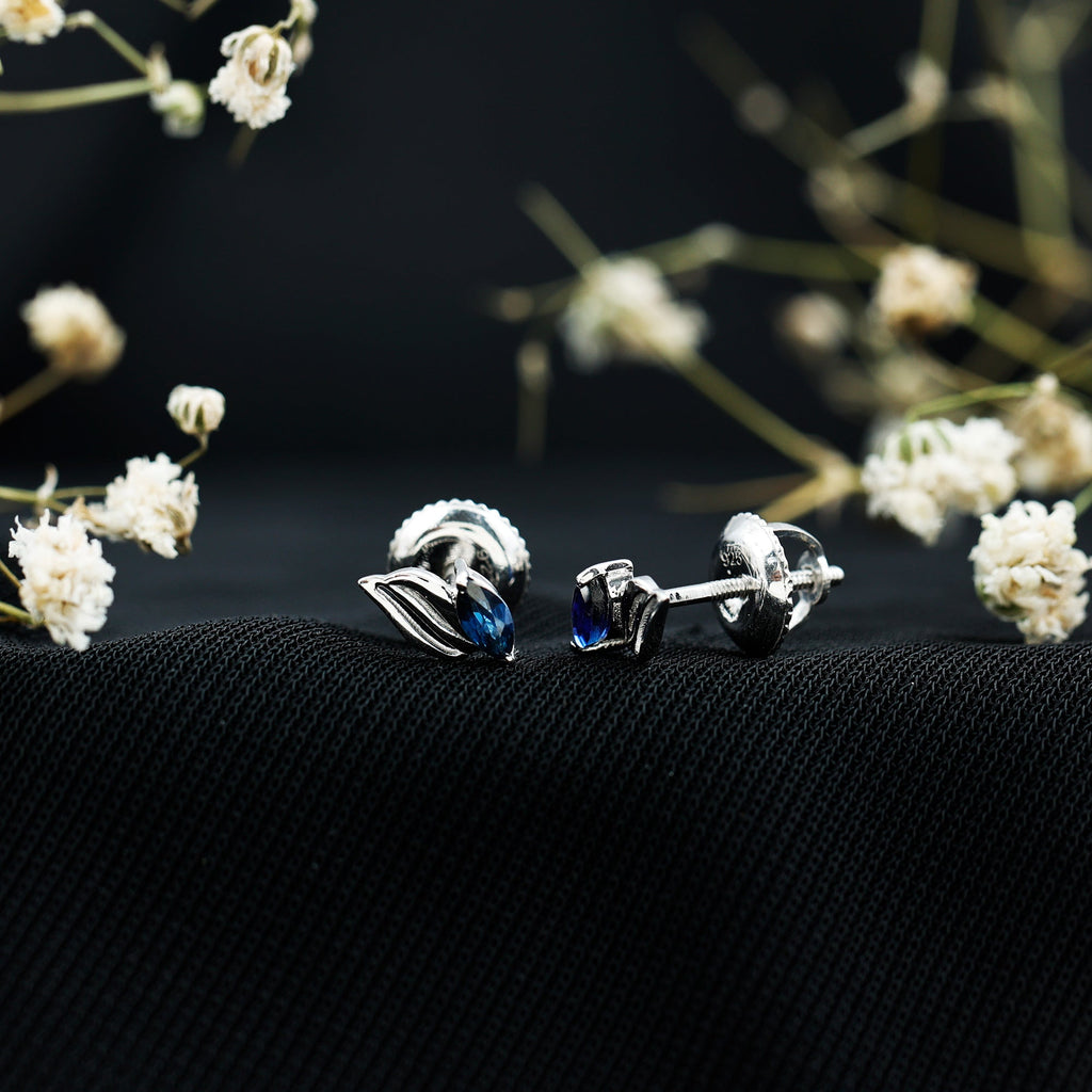 Genuine Marquise Cut Blue Sapphire Leaf Stud Earrings in Silver