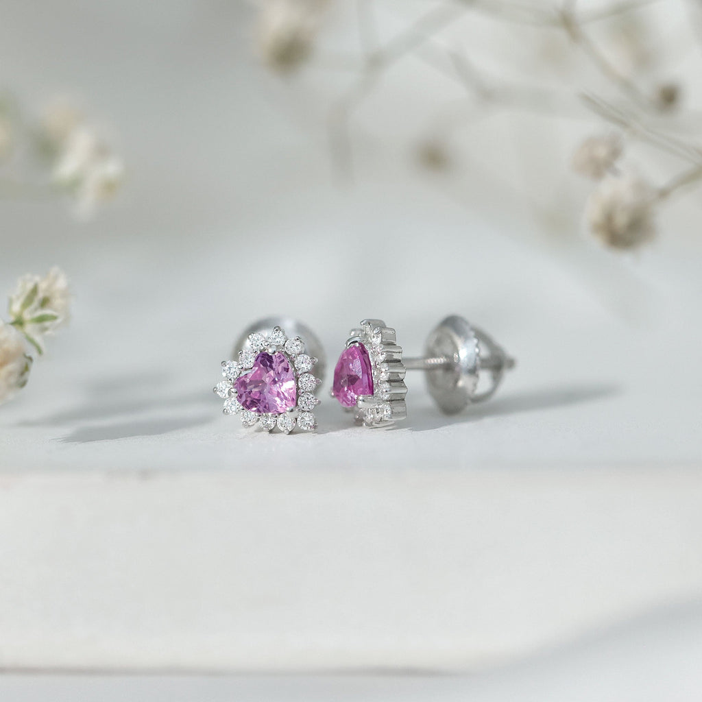 0.6 Carat Lab Grown Pink Sapphire Heart Stud Earrings with Diamond Halo