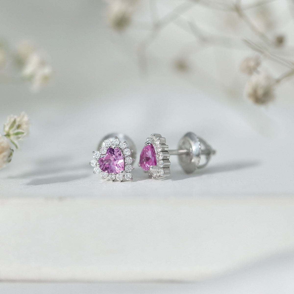 0.6 Carat Lab Grown Pink Sapphire Heart Stud Earrings with Diamond Halo