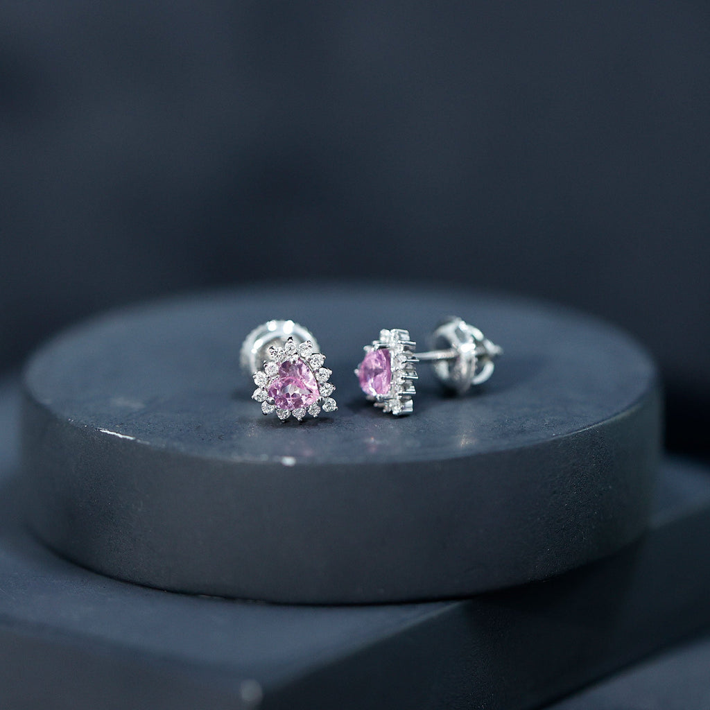 0.6 Carat Lab Grown Pink Sapphire Heart Stud Earrings with Diamond Halo