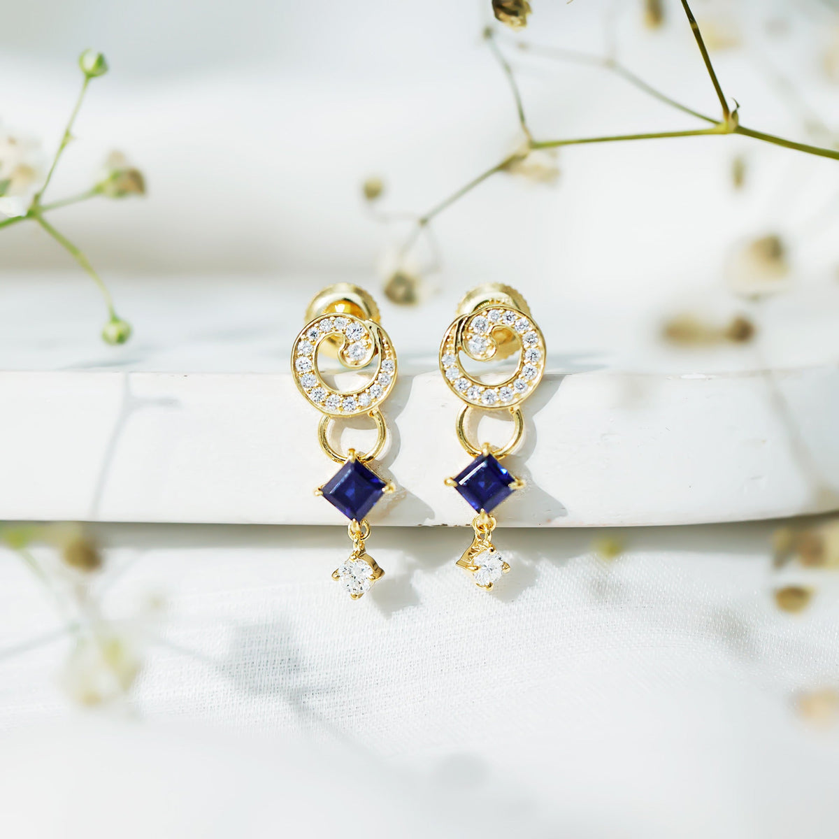 Lab Grown Blue Sapphire and Diamond Wedding Dangle Earrings