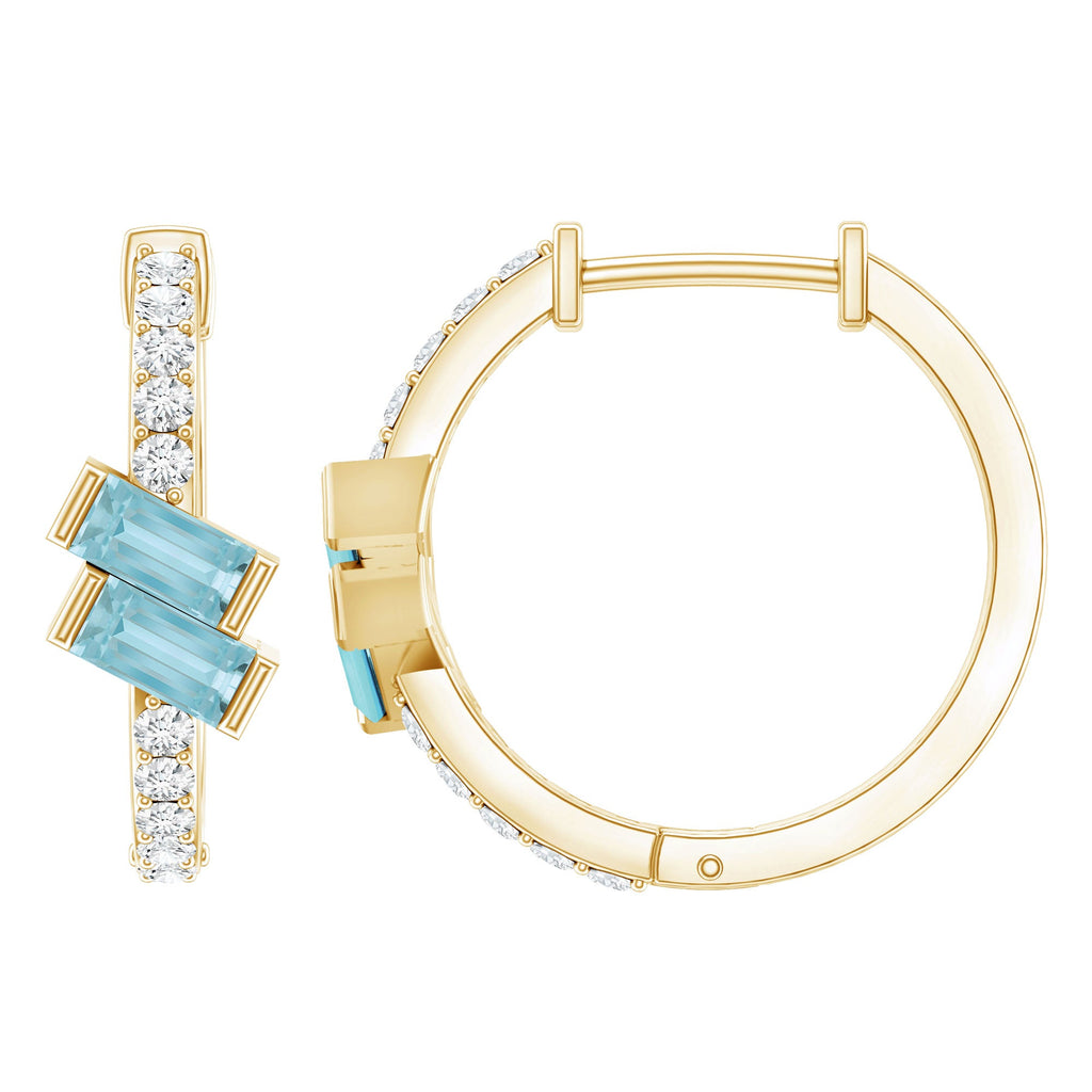 Natural Baguette Shape Sky Blue Topaz Diamond Hoop Earrings