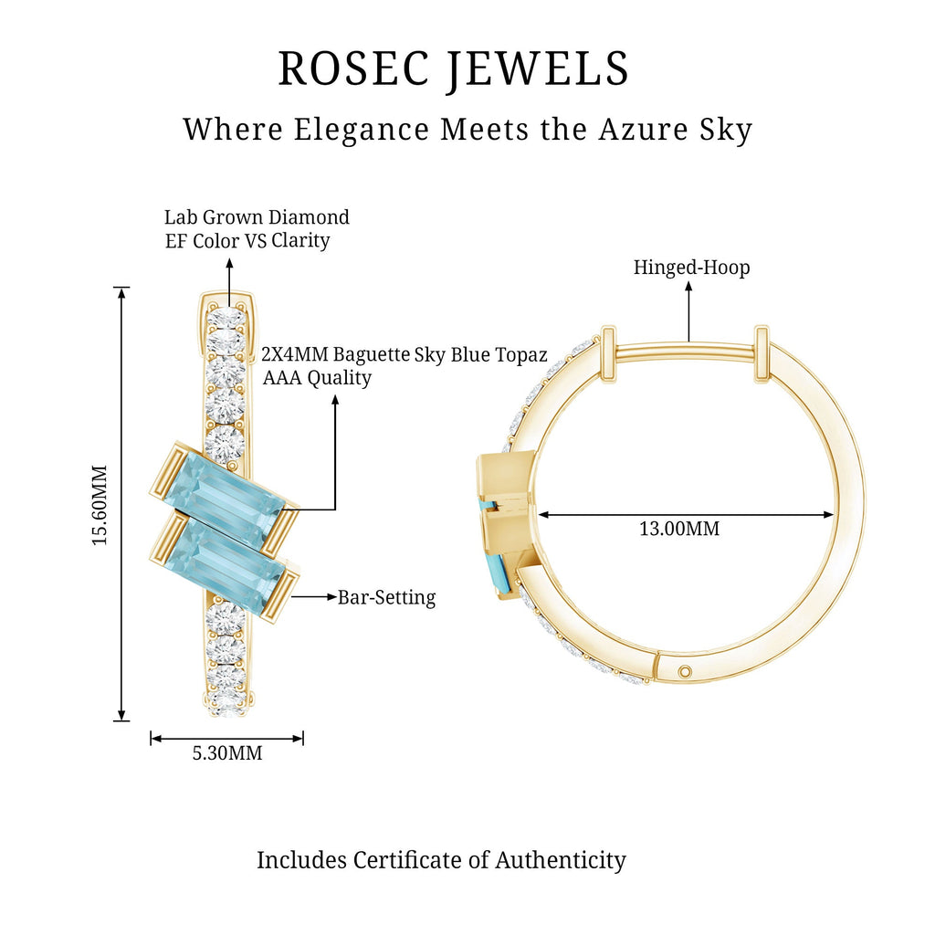 Natural Baguette Shape Sky Blue Topaz Diamond Hoop Earrings