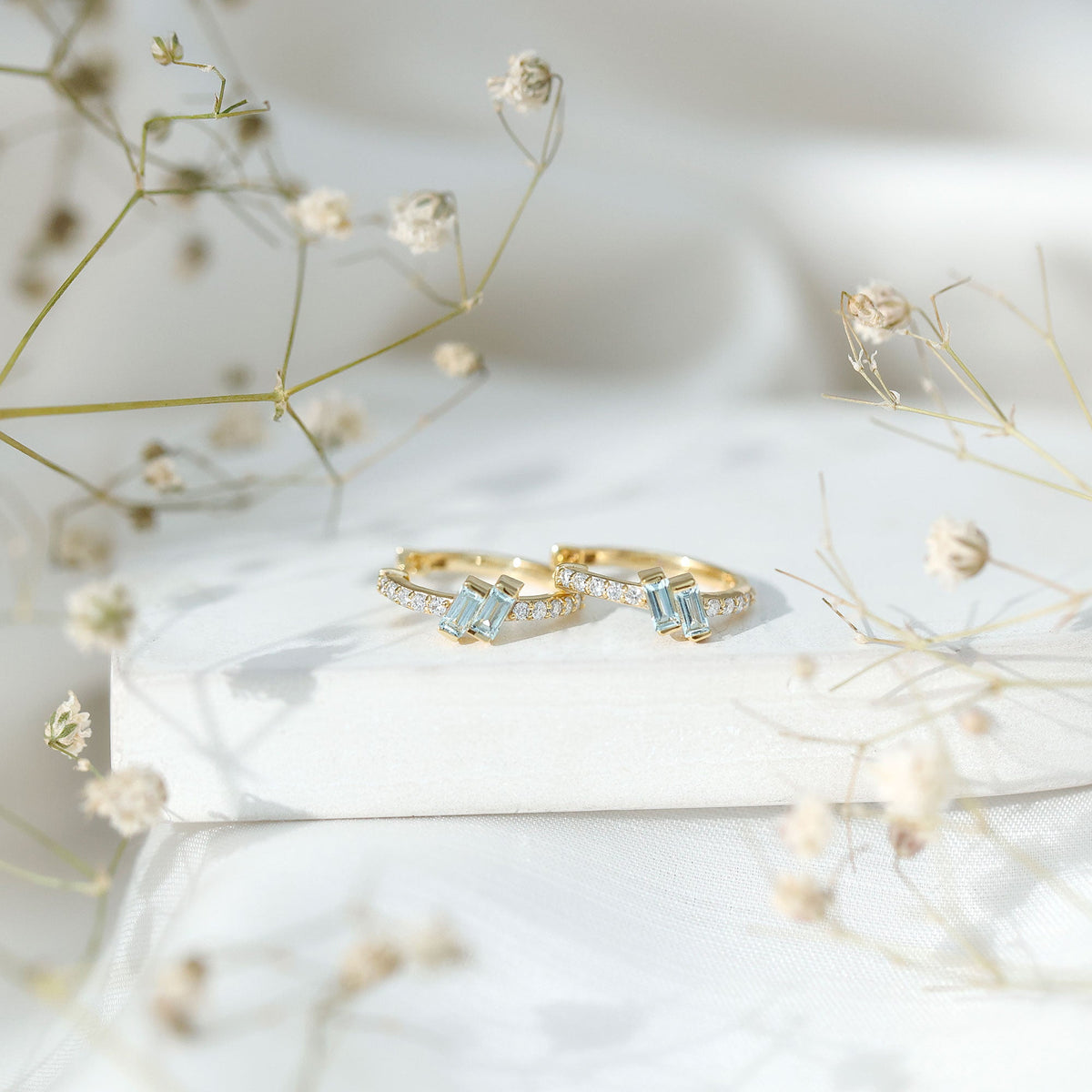 Natural Baguette Shape Sky Blue Topaz Diamond Hoop Earrings