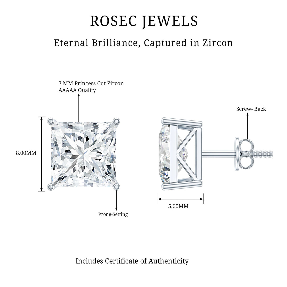 Cubic Zirconia 7 MM Princess Cut Earrings in Silver